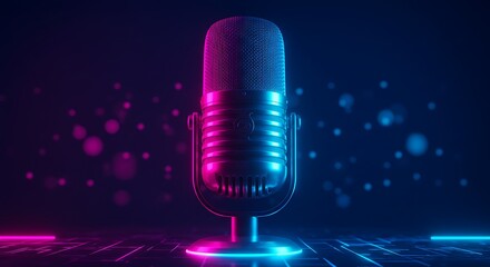 A retro microphone illuminated with neon lights in shades of pink and blue on a dark background