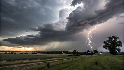 "Dramatic Lightning Strike Over Rural Field During Thunderstorm at Sunset"