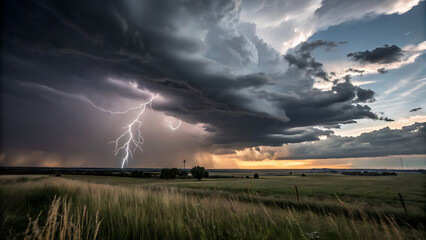 "Dramatic Lightning Strike Over Rural Field During Thunderstorm at Sunset"
