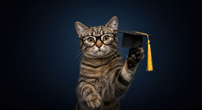 A playful tabby cat wearing glasses and a graduation cap, proudly holding its cap against a dark background - nerdy cat | nerd cat