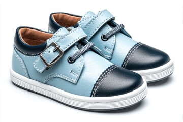 Naklejka premium Stylish Baby Shoes: Light Blue and Navy Leather Buckle Sneakers