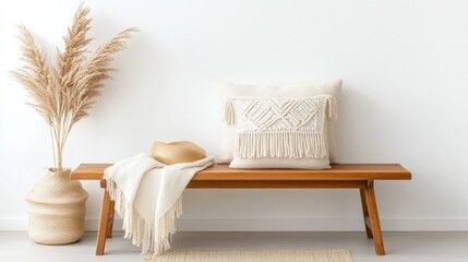 Cozy and Elegant Living Room Decor with Bench, Pillow, and Dried Pampas Grass Arrangement
