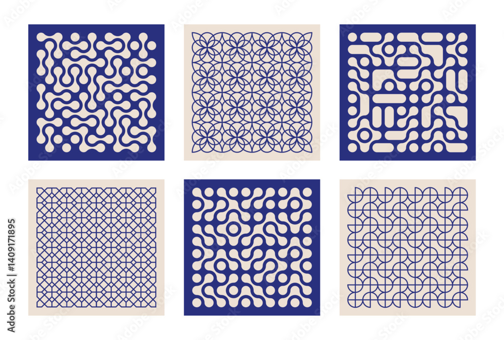 Wall mural set of vibrant abstract poster with geometric, liquid connected dots and line shapes. modern seamles