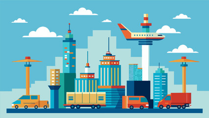 Fototapeta premium As cities grow taller and more complex eVTOLs serve as the ideal mode of transportation for cargo effortlessly gliding over traffic and congestion to reach their destination in. Vector illustration