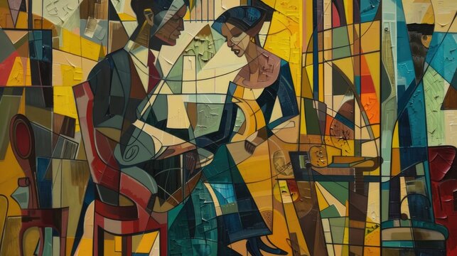 a cubism style oilpainting, a women wearing dress and a gentleman in the salon, very detailed, wide angle,