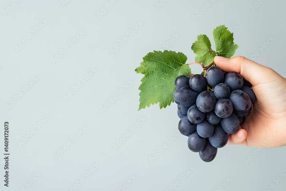 Poster hand holding a grape branch, background is light and minimalistic
