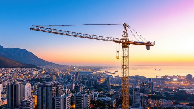Construction Crane Overlooking Urban Landscape at Dusk with Majestic Mountain Backdrop