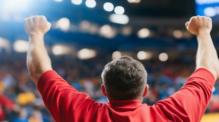 A passionate supporter raises arms in excitement, cheering for their team during a thrilling sports event in a vibrant arena filled with fans, capturing the joy of victory
