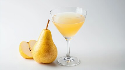 Fresh Pear Cocktail in Elegant Glass with Whole and Sliced Pear on Clean White Surface