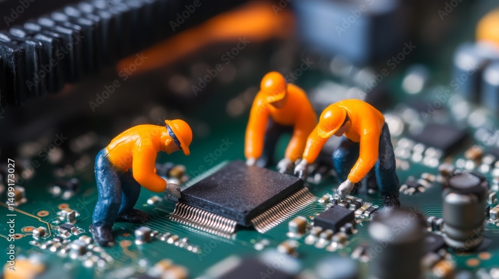 Aufkleber Miniature workers assembling a computer chip on a circuit board in a close-up view of electronic components during a tech project