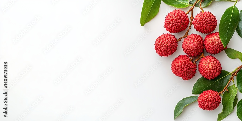 Poster lychee branch with fruits on a white background, empty space on the side