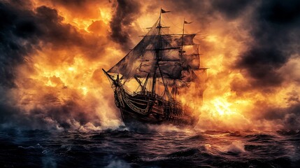 Obraz premium Dramatic Ship Sailing Through Fiery Stormy Ocean Waters at Sunset