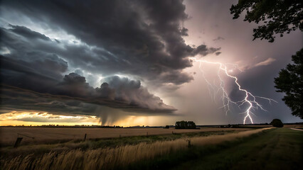 "Dramatic Lightning Strike Over Rural Field During Thunderstorm at Sunset"