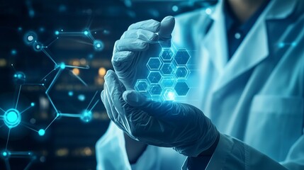 Scientist holding futuristic technology hexagon network innovation lab data blue future gloves modern