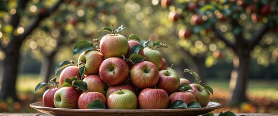 Apples on a plate and some apple trees as background