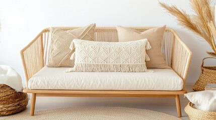 Cozy Boho Style Sofa with Textured Pillows and Natural Decor in Minimalist Living Room