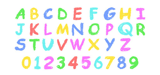 Colorful vector illustration of the English alphabet and numbers 0-9, hand-drawn in a crayon, chalk, pastel, or wax style. Highlighter effect on a board, perfect for kindergarten drawing and learning.