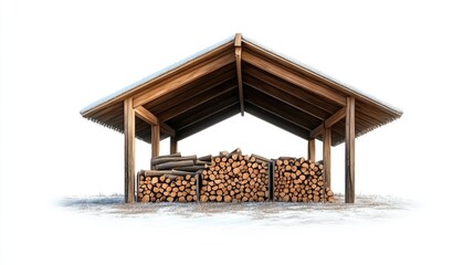 Cozy Wood Storage Shed with Snow-Covered Ground and Stacked Logs for Winter Season