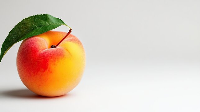 One peach on a white background, lots of free space 