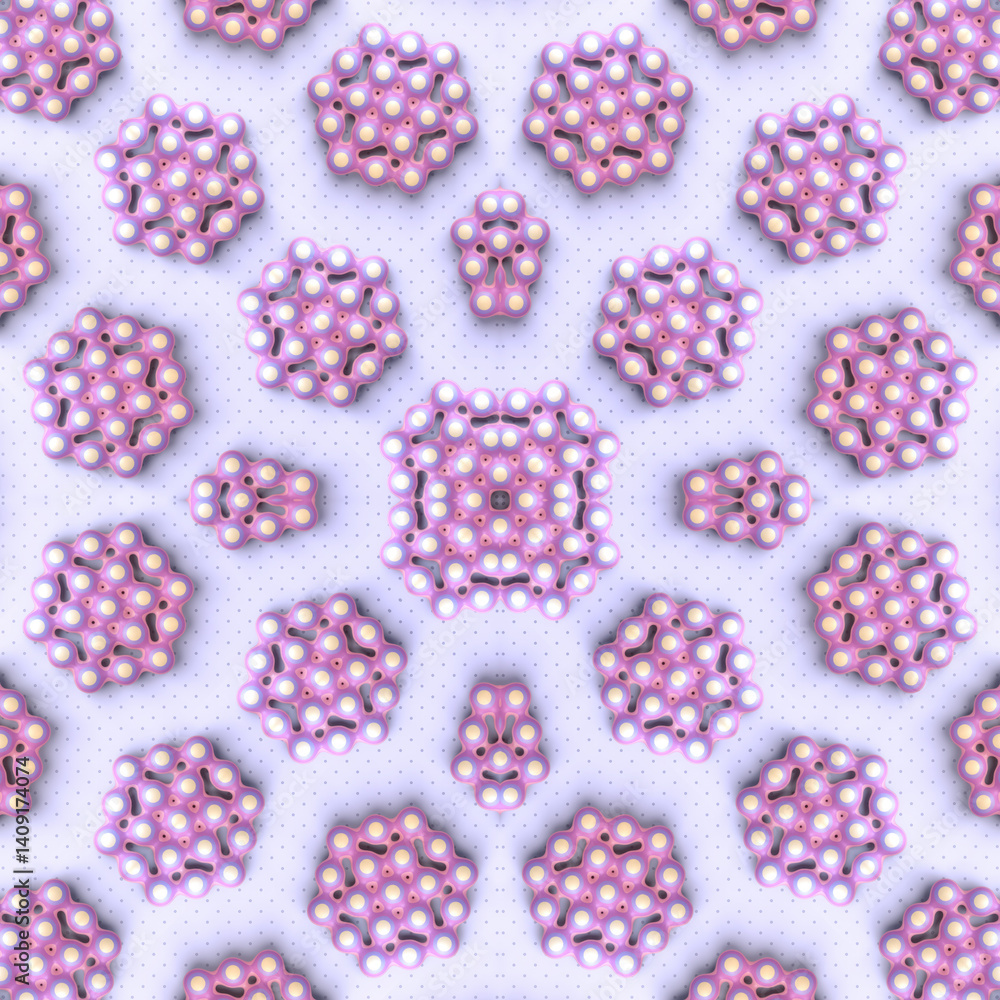 Poster An abstract symmetrical composition in which smooth spherical elements form a complex pattern. Colorful pastels and smooth surfaces give the illustration a futuristic aesthetic. 3d rendering