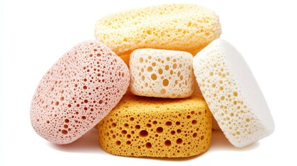 Colorful Natural Sea Sponges Stacked Together on a White Background for Bath and Shower Use