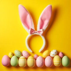 Bright and playful Easter still life with a glass jar of pastel eggs topped with pink bunny ears and bow, surrounded by colorful decorated eggs on a vibrant yellow background.