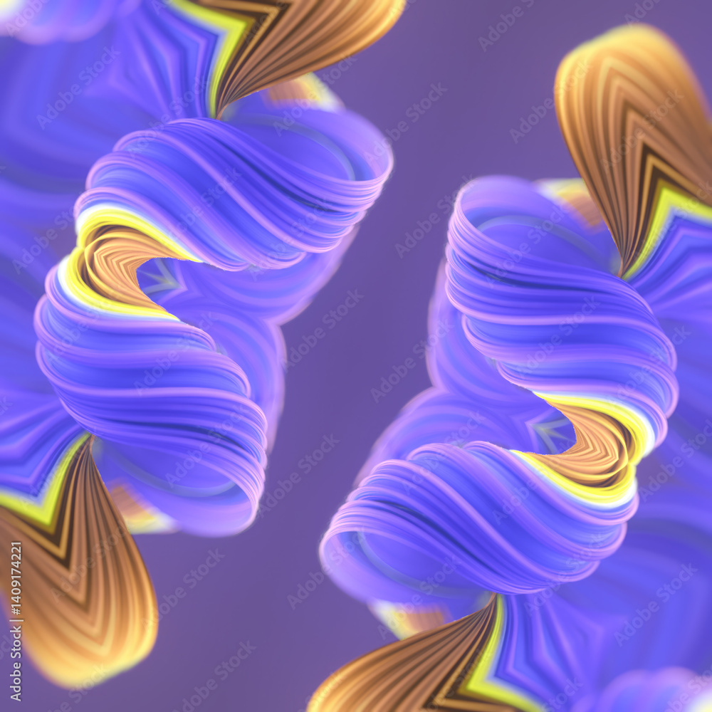 Fototapete Dynamic digital illustration with wavy symmetrical elements. Violet and yellow gradients add softness. Futuristic minimalist style. 3d rendering