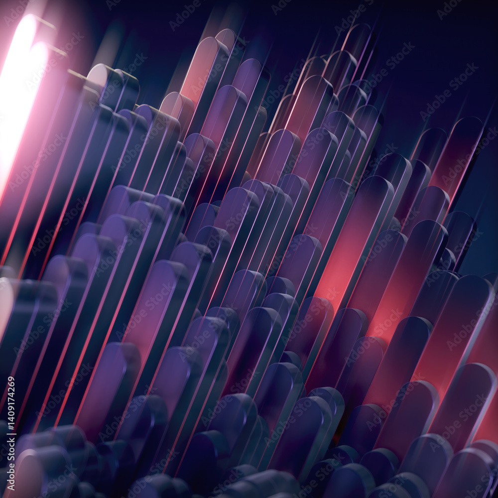 Poster Geometric background with a group of rectangular columns with rounded edges rendered in a gradient of blues and pinks. The composition creates a sense of depth and momentum. 3d rendering illustration