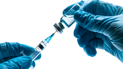 Medical professional in blue latex gloves filling syringe with vaccine, healthcare concept