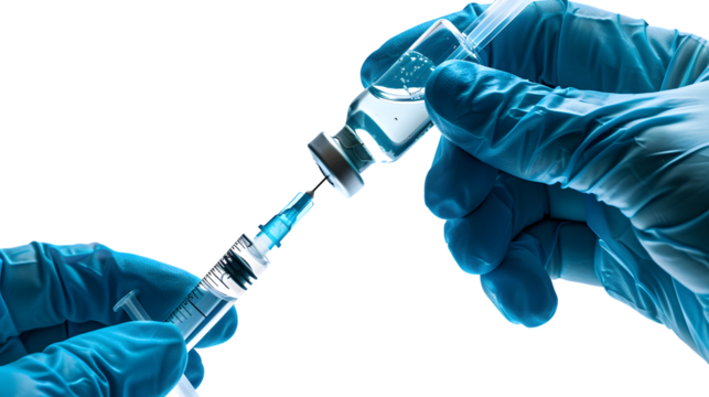 Medical professional in blue latex gloves filling syringe with vaccine, healthcare concept