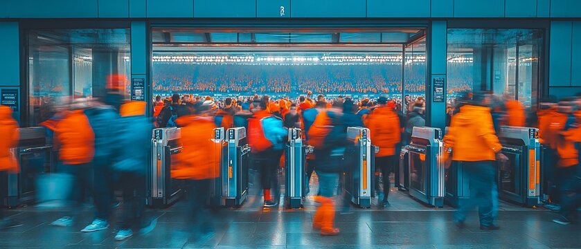 Crowded Entrance, Busy Subway, Exit Gate, Blurred People