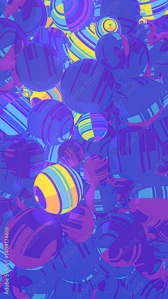 Poster A composition of multiple spherical objects in which dark blue spheres with striped textures shimmer with bright colors. The patterns of light create a sense of vibrant energy. 3d render illustration