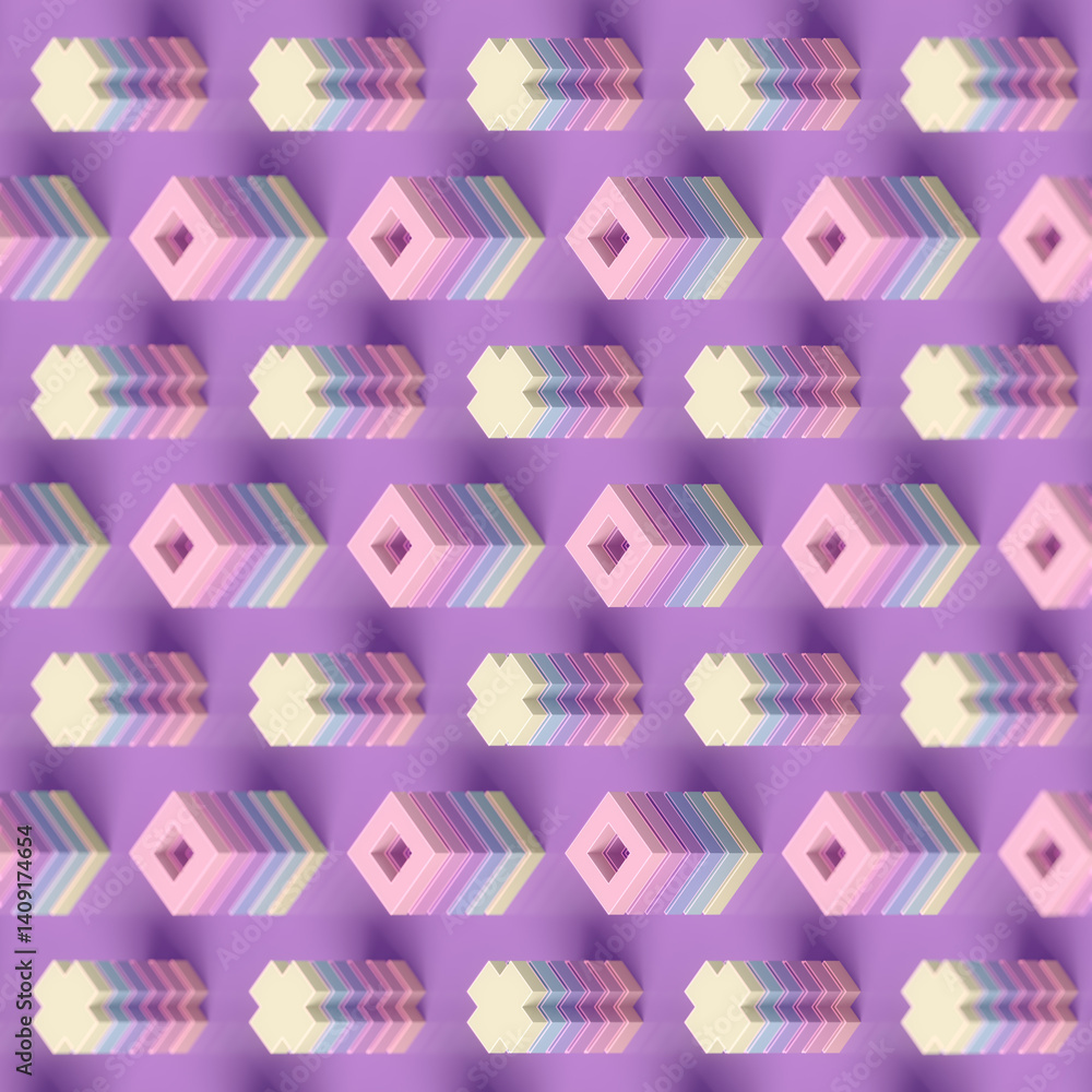 Fototapete Composition in the form of a series of vertical structures with geometric alternation of cross-shaped elements and squares. Soft pastel gradients of the figures create an optical illusion. 3d render