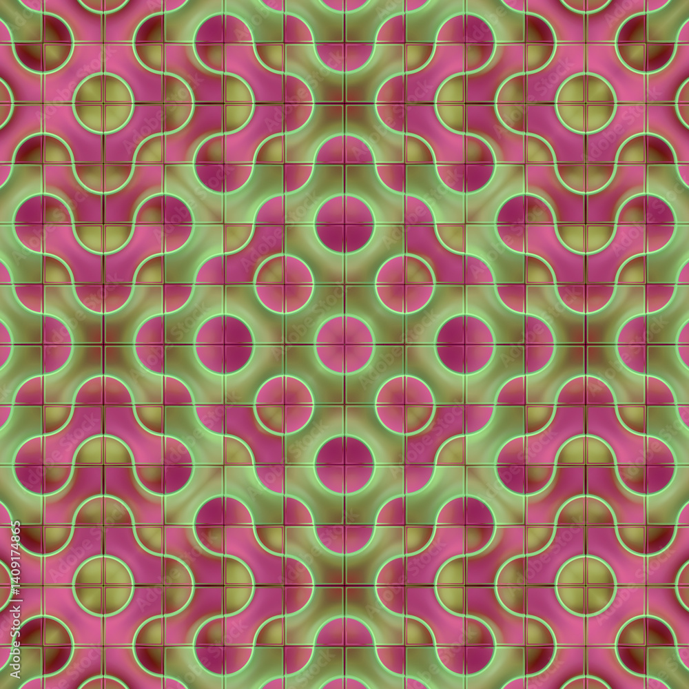 Leinwandbilder Digital illustration of a symmetrical pattern of colored tiles with wavy lines and circles. Suitable for creating covers, backgrounds for websites or applications. 3d rendering