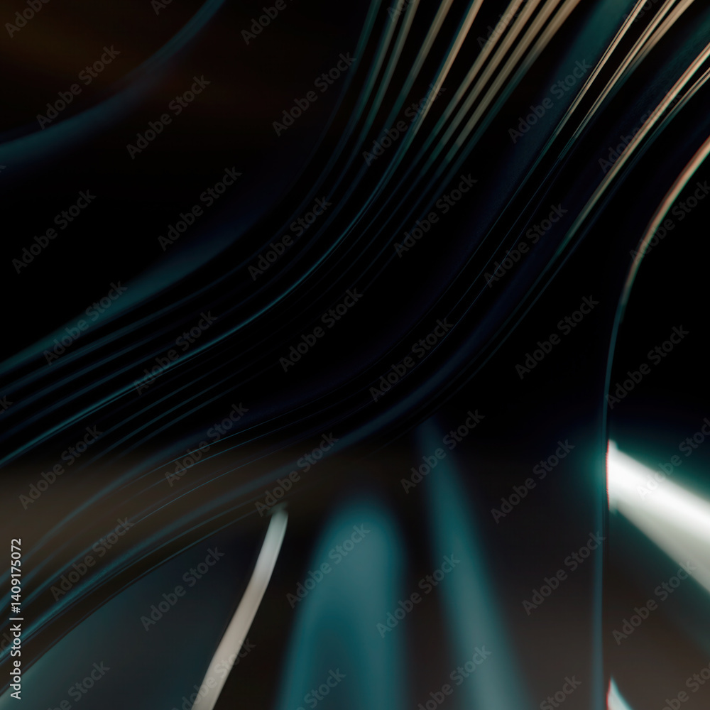 Aufkleber Abstract pattern of flying stripes of metallic shiny dark fabric with depth of field effect. 3d rendering digital illustration
