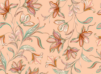 Vector  seamless pattern of  decorative flowers on a pink background. Bohemian flowers.