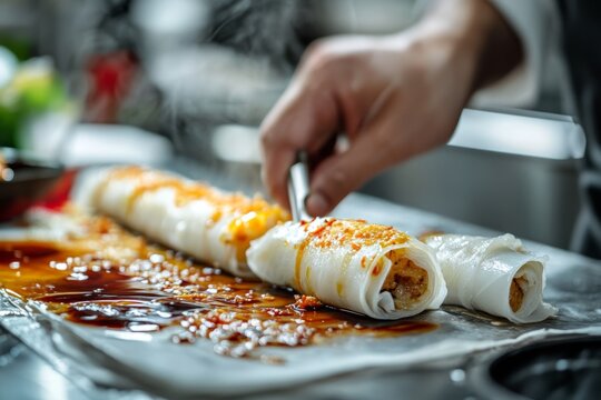 Close-up of person's hand holding knife, spreading sticky orange sauce on steamed rice noodle rolls. Concept of preparing steamed rice noodle rolls, Chee Cheong Fun in kitchen.