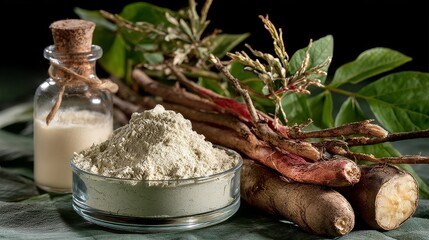 Fototapeta premium The wild yam extract is a dry white powder, placed in a culture dish with large, oval shaped wild yam plants next to it, showcasing its natural source and medicinal properties.
