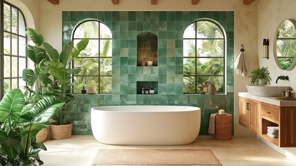Fototapeta premium Modern Luxury Bathroom: Natural Light, Elegance, and Cozy Urban Serenity with Green Plant Decor