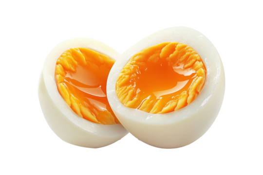 Whole and sliced hard-boiled eggs with firm yolk isolated on white transparent background, representing food and nutrition concepts