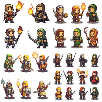 Pixel art collection of medieval fantasy warriors and mages with weapons and fire effects. Ideal for RPG games, character sprites, fantasy adventures, and retro-style game assets.

