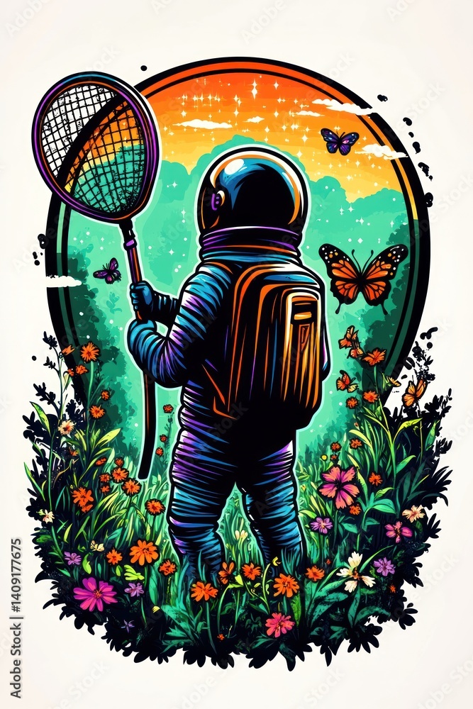 Poster astronaut catching butterflies with net in flower field under an abstract colorful sky