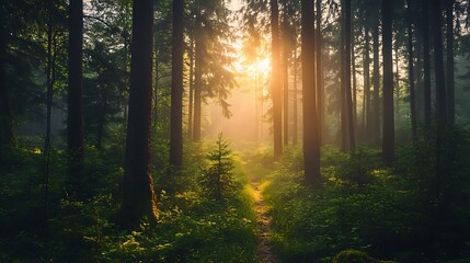Fototapeta premium Lush Green Forest Illuminated by Sunlight Through Dense Trees Creating a Scenic Landscape
