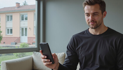 Young man sitting, smiling, using smartphone, in modern living room with bright window