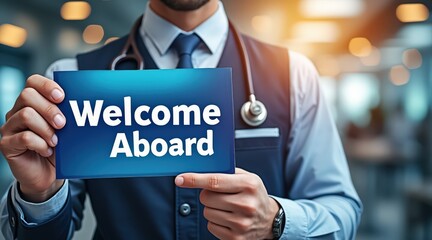A professional holding a "Welcome Aboard" sign, wearing a suit and stethoscope, suggesting a warm greeting in a healthcare or corporate environment.