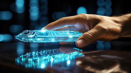 Cyber communication and innovation with hand on futuristic UI hologram