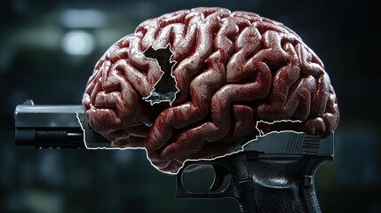 Injured brain, gun, dark industrial background.  Educational or awareness use