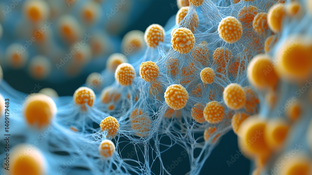 Poster microscopic orange cells network detailed 3d render abstract background web art image macro design