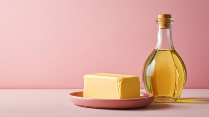 Block of butter and glass bottle of oil on pink background