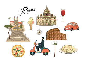 Set of travel illustrations. Italy, Rome. Vector isolated elements